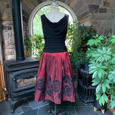 Vintage Maroon Taffeta and Black Soutache Ribbon and Sequin Dress S L Fashions 