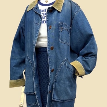 Vintage L.L. Bean Denim Barn Coat 1990s Retro Womens Size Medium + 100% Cotton + Medium Blue Wsh + Corduroy Trim + Flannel Lined Interior 
