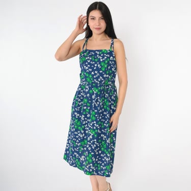 Vintage 70s Sun Dress Blue Floral Sundress Boho Midi Summer Smocked Dress Hippie 1970s High Waist Spaghetti Straps Bohemian Medium M 