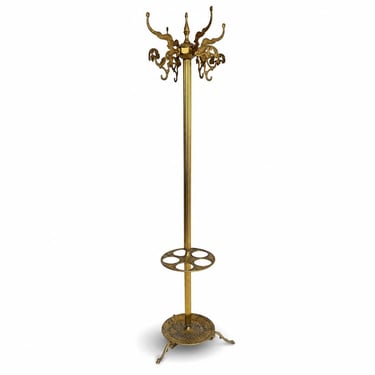 Luxury Vintage Brass Hall Tree Coat Rack with Umbrella Stand, Cane Holder & Rotating Crown 