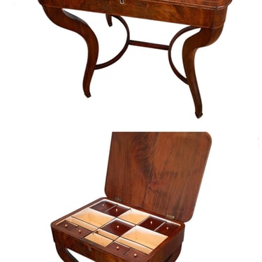 Rare Early 19th Century French Biedermeier Period Flame Mahogany Sewing Work Table / Antique Accent Table 