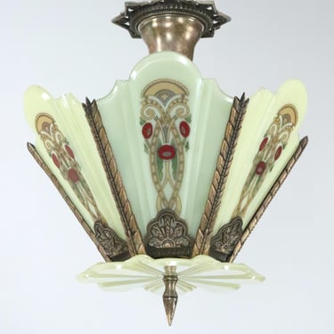 Art Deco Uranium Glass & Bronze Movie Theater Semi Flush Mount