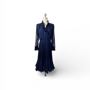 1980s Annie Corvall Paris Navy Ruffle Dress 