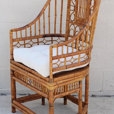 Vintage High Back Brighton Pavilion Burnt Bamboo Cane Fretwork Arm Chair MCM #3 
