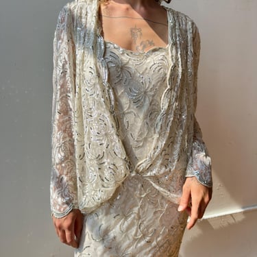 Vintage 1980s Judith Ann Creations Floral Lace Beaded Bridal Maxi Dress, Ivory Sequin Sheer Sleeve Wedding Gown 