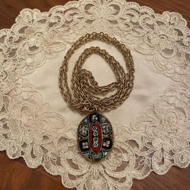 Vintage Micro Mosaic Necklace, Italian Glass Pendant, Gold Tone Chain, Ornate Mosaic Jewelry, Statement Pendant Necklace 