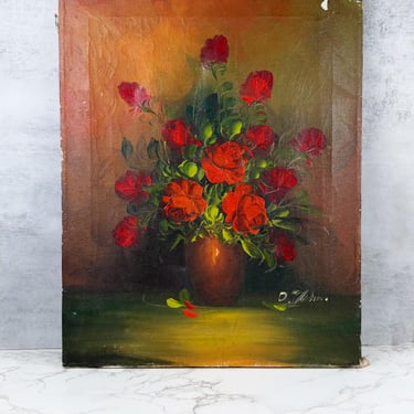 Signed Vintage Red Rose Oil Painting on Canvas - Floral Still Life 