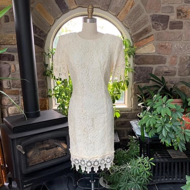 Vintage 1980s Ivory Lace Knee Length Dress Shoulder Pads Karen Lucas for Niki 