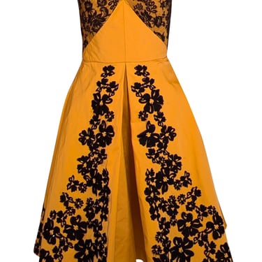 Oscar De La Renta - Marigold Yellow & Black Floral Applique Strapless Gown Sz 8