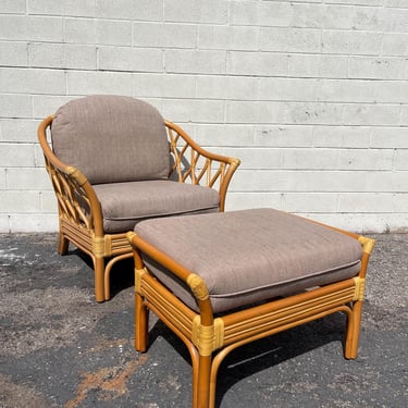 2PC Rattan Chair and Ottoman Lounge Armchair Ottoman Footrest Seating Bamboo Bohemian Boho Tropical Vintage Furniture Bentwood Frankl Style 