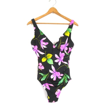 90s Floral Swim Suit Vintage Black & Pink Bathing Suit Women's Size 14 
