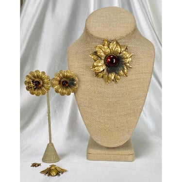Joseff of Hollywood Flowers and Bees Brooch and Earrings Set AS IS DIY Repair 