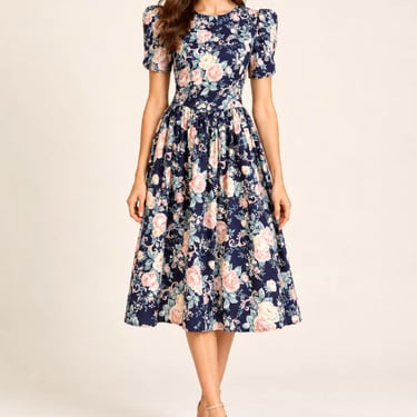 Vintage Gunne Sax Floral Midi Dress Size Small Navy Rose Print Puff Sleeve Cottagecore Dress 