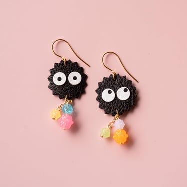 Soot Sprite Earrings w/ Konpeito Candy Beads - Made from Second Hand Leather 