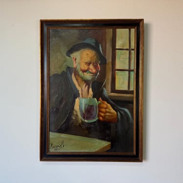 1960’s v. Muscariello Old Man With Ale Mug Oil on Canvas Painting - Framed 