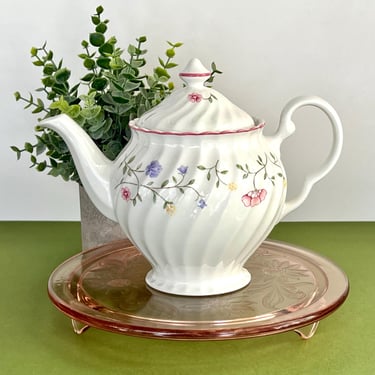 Summer Chintz Teapot w/Lid by Johnson Bros, England. White Earthenware Pink Trim with Soft Pastel Floral Sprays 