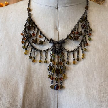 vintage 1990s festoon bib necklace, lampwork glass beads, 90s jewelry, boho 