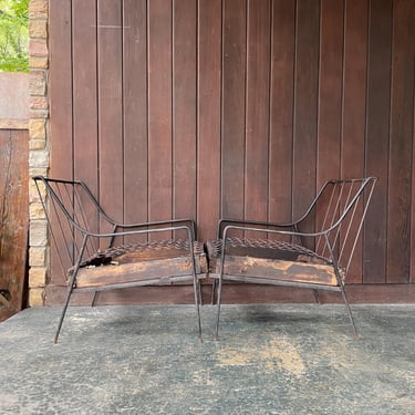 Pair of 1950s Lounge Chairs Iron Rod Mid-Century Modern Vintage Restoration Candidates 