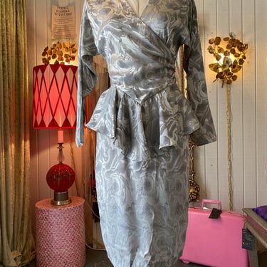 vintage 1980s silver brocade peplum dress, 80s fashion, wrap style, dolman, med 