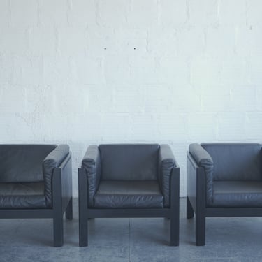Ebonized Walnut and Leather Club Chairs