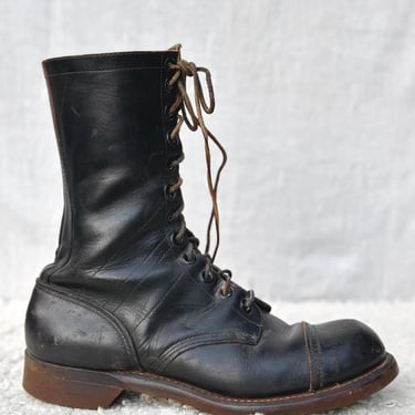 Vintage Black Leather Steel Toe Work Boots 12 Eye Lace Up – Brogue Cap Toe Goodyear Welt with Cat’s Paw Heels – Men’s 10.5 D (Estimated) 
