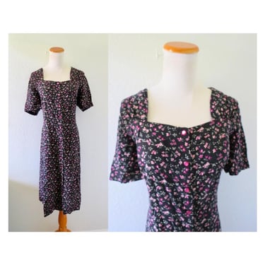 Vintage 90s Floral Dress - Black & Pink Flower Print Midi Summer Dress - 1990s Rayon Sundress - Size XL 
