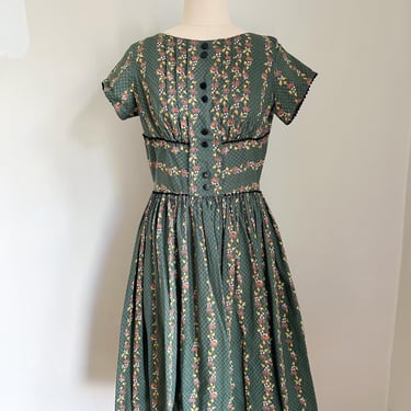 Vintage 1950s Green Floral Swing Dress / S 
