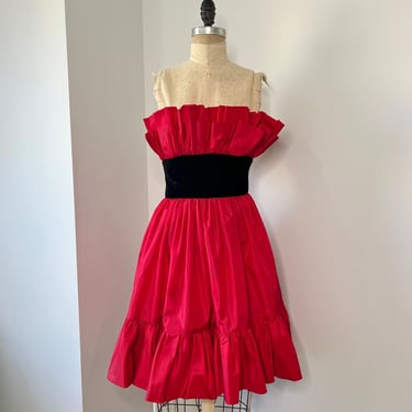 Vintage 1980s XS/S Victor Costa Red Fit & Flare Velvet Paneled Dress 