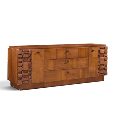 Lane Brutalist Mid Century Walnut Lowboy Dresser - mcm 