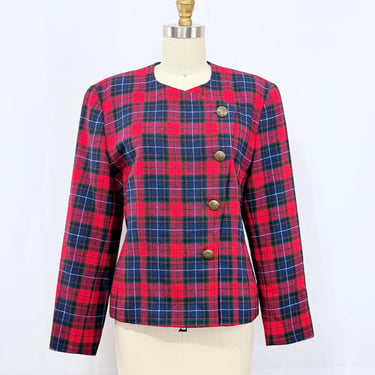 Vintage 80s Pendleton Cropped Jacket | Red Plaid Wool with Gold Buttons | Size 12 