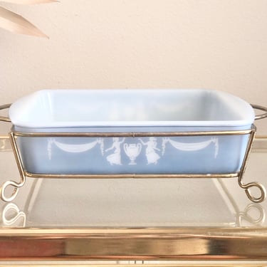 Vintage Blue Glassbake Casserole Dish with Gold Holder: Wedgwood Style Decor 
