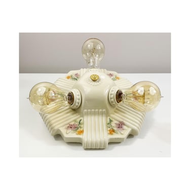 Refurbished Porcelier Porcelain Bare 3-Bulb Ceiling Fixture - Porcelier from the 1930's - Colorful Florals 