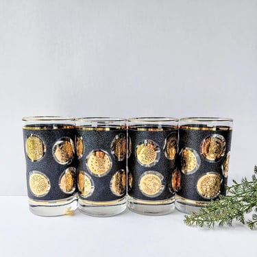 4 Mid Century Libbey Black Textured Gold Coin Drinking Glasses/MCM Coins of the World Tumblers/ 1950s/ Hollywood Regency 