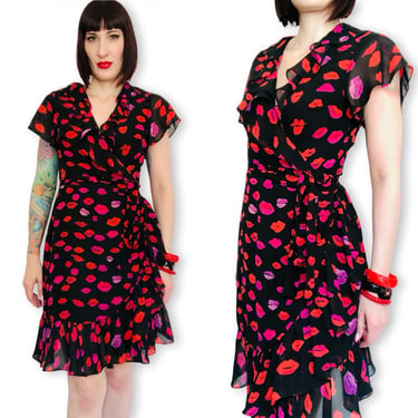 Vintage Y2K Betsey Johnson Pink & Red Lips Novelty Print Flutter Sleeve Wrap Dress - size Small Medium Large / open 