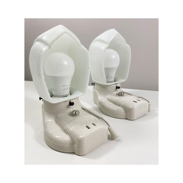 Refurbished Art Deco Shaded Wall Sconces for Bath - Pair - 1930's - Ivory - Rewired for Hard Wire Use - Paulding 
