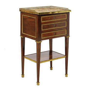 Antique Fine French Louis XVI Style Gilt Brass Trimmed Mahogany Brèche d'Alep Marble Top Nightstand Side Table / 19th Century / Parisian 