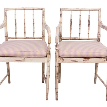 Pair of Painted and Decorated Caned Open Arm Chairs
