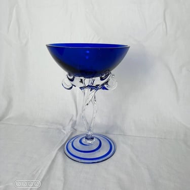 Vintage Jozefina Krosno Blue Glass Candle Holder: Polish Deco Glass 