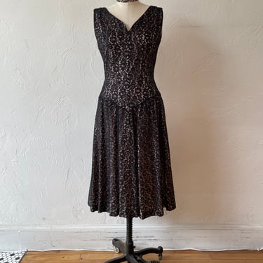 Vintage 1960s Black Lace Cocktail Dress with Pink Base M