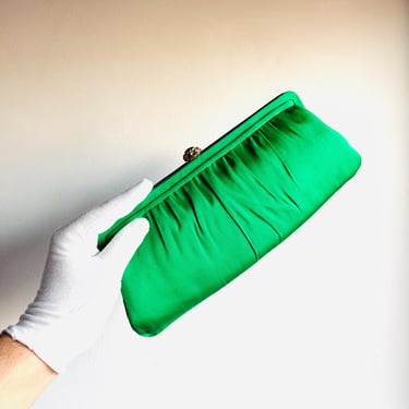 Vintage MCM After Five emerald green satin clutch or handbag with coinpurse 