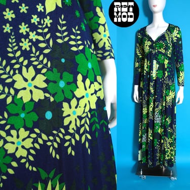 Absolutely Stunning Vintage 60s 70s Blue Green Flower Power Deadstock Long Sleeve Stretch Maxi Dress 