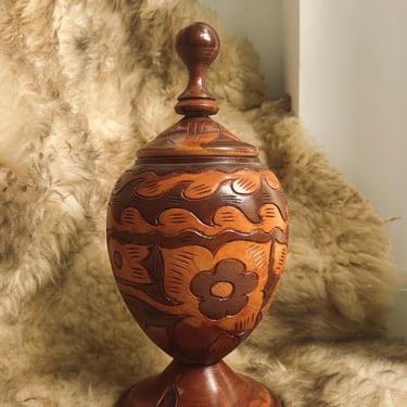 Vintage Hand-Carved Wood Lidded Urn | Floral Wave Motif | Ball Finial Footed Base | Boho Folk Art | Statement Decorative Vessel 