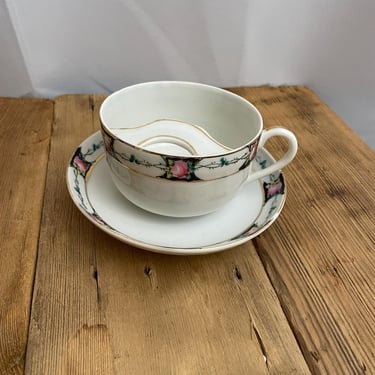 Antique Mustache Tea Cup & Saucer Set Black Pink Floral Cabbage Roses Gold Leaf 