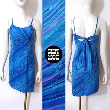 Sexy Unique Vintage 70s Blue & Purple Mini Dress with Asymmetrical Hem 