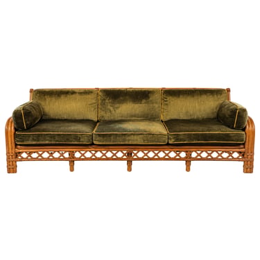Rattan and Bamboo Sofa with Green Velvet Upholstery