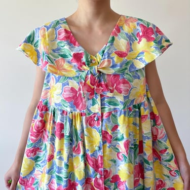 vintage floral dress bouffant dress sun dress a line dress midi dress maxi dress 80s garden dress tied collar sailor collar size M 