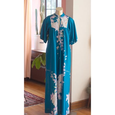 Vintage Floral Silky Dress - 1980s - Nightgown, Housecoat - Teal, Blue - Keyhole Neckline 