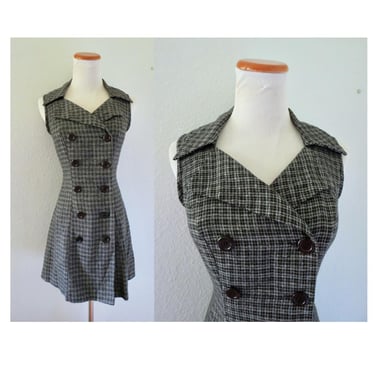 Vintage 90s Plaid Dress - Black Gray Plaid Fall Autumn Mini Dress - Double Breasted Button Up - Size XS / Small 