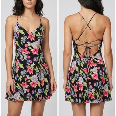 Vintage 90s Betsey Johnson Floral Rayon Bias Cut Lace Up Back Mini Dress Made In USA Size S 