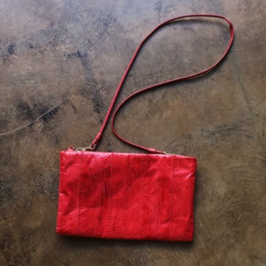 Vintage Red Leather Purse, 80's Clutch Bag 